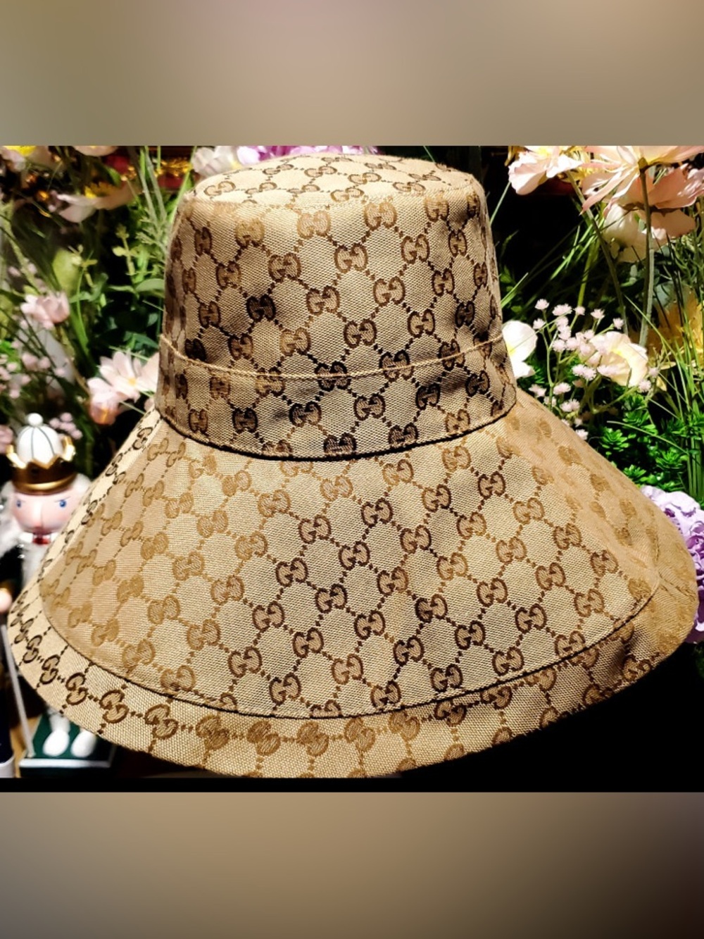 Monogram Jacquard Bucket Hat Beige Canvas Tan Large Wide Brim Golden Summer New - Picture 14 of 16